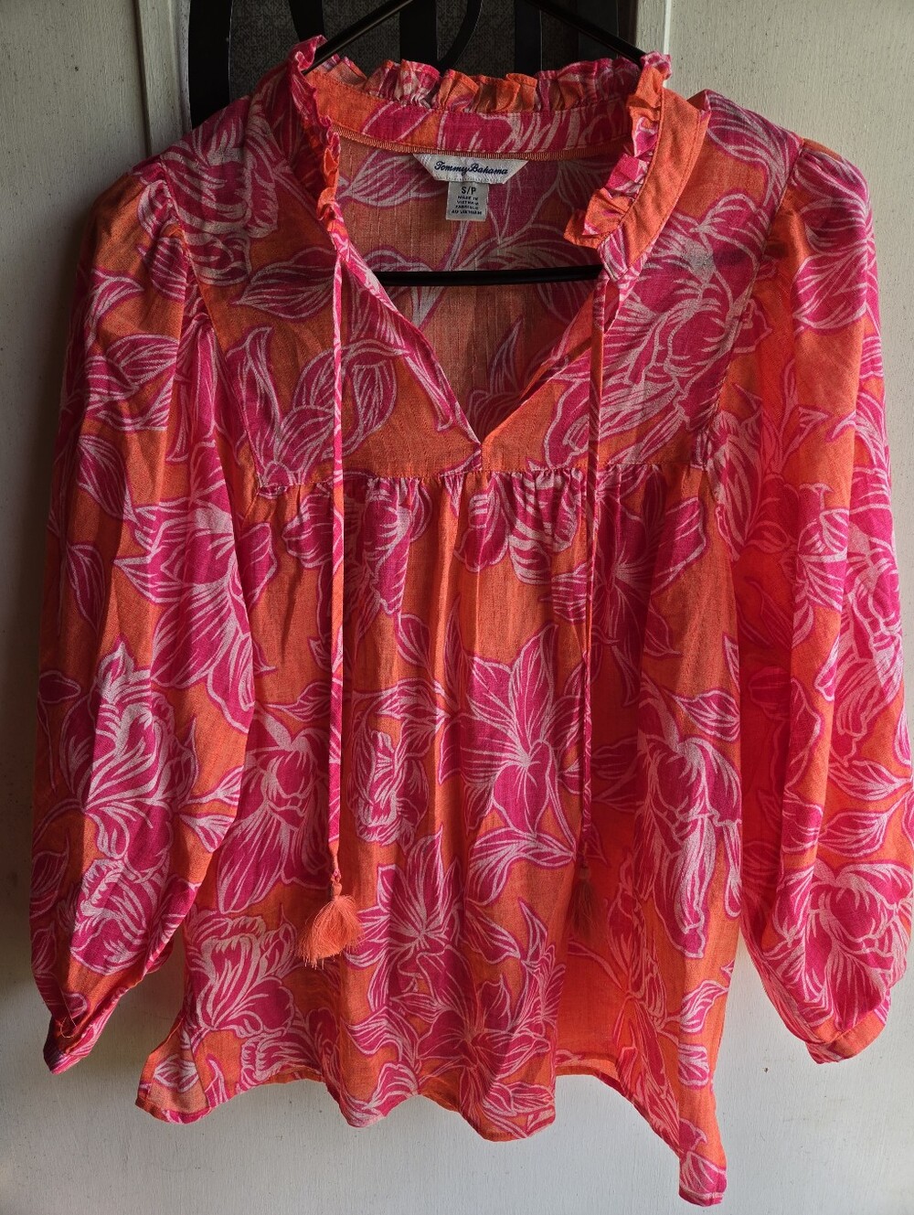 Tommy Bahama Coral Orange & Hot Pink Floral Peasant Blouse NWOT